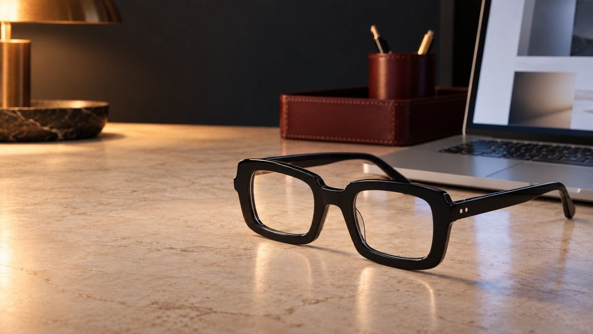 Ellis black square acetate glasses beside a laptop on an ivory stone desk