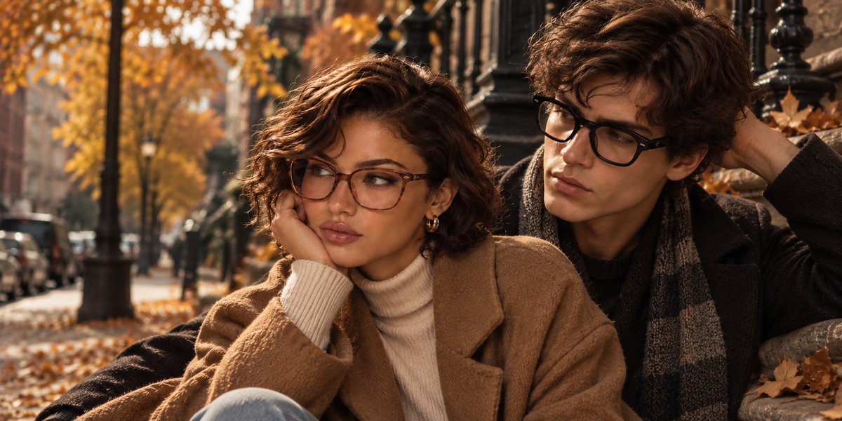 Two people wearing eyeglasses and warm coats on an autumn city street.