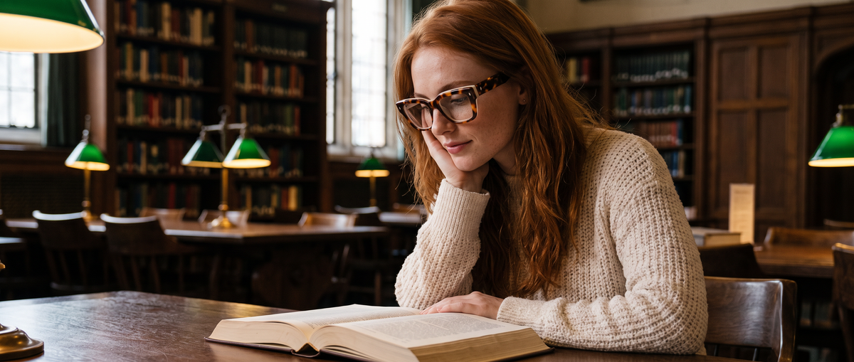 Woman reading in a library wearing Harvé Benard 724 demi-burgundy square acetate glasses.
