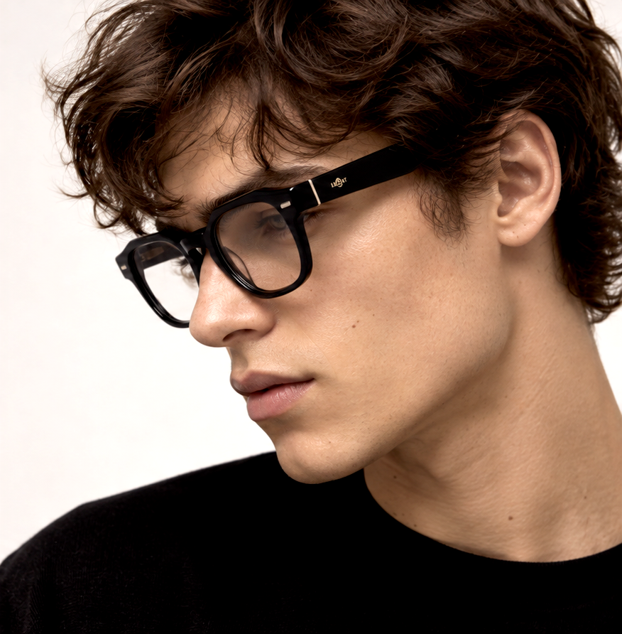 Male model wearing Lucrezia black geometric acetate glasses in close-up.