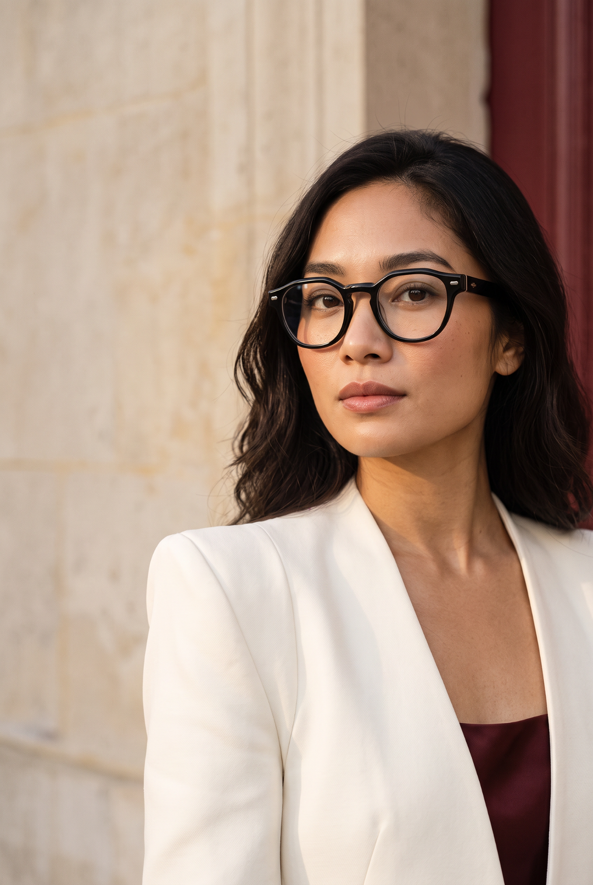 Maya wearing Lucrezia black geometric acetate glasses with ivory couture tailoring.